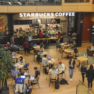 Carthage's Starbucks in located in the A. W. Clausen Center for World Business.