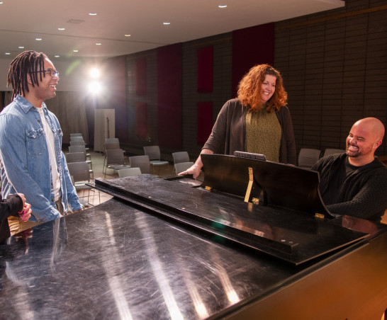 Master of Music students and faculty rehearse in the Recital Hall.