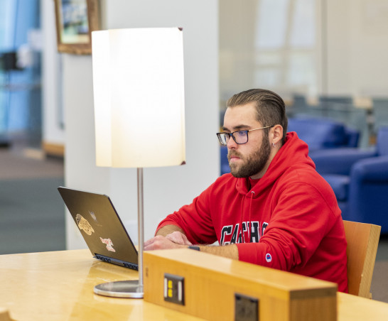 A student studying in Hedberg Library