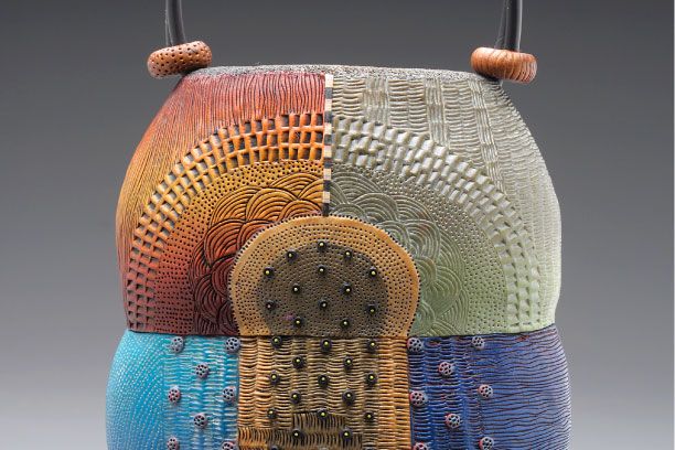 Kathleen Dustin, Ankara Purse. Polymer, rubber cord, 6” x 5 x 3.
