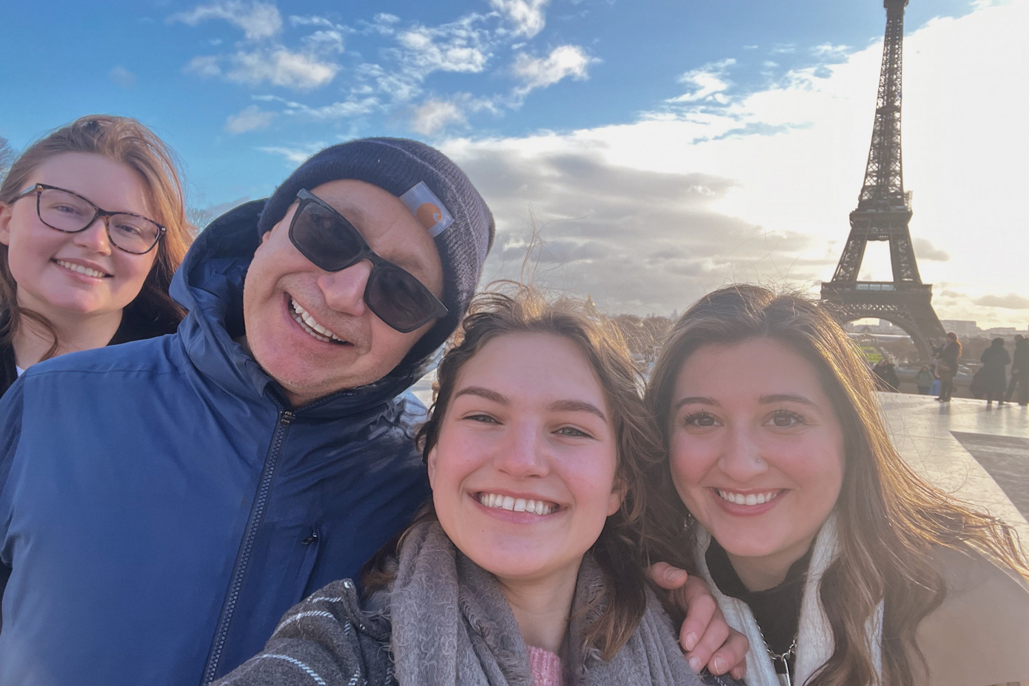Professor Pascal Rollett (modern languages) and students on a Paris J-Term study tour.
