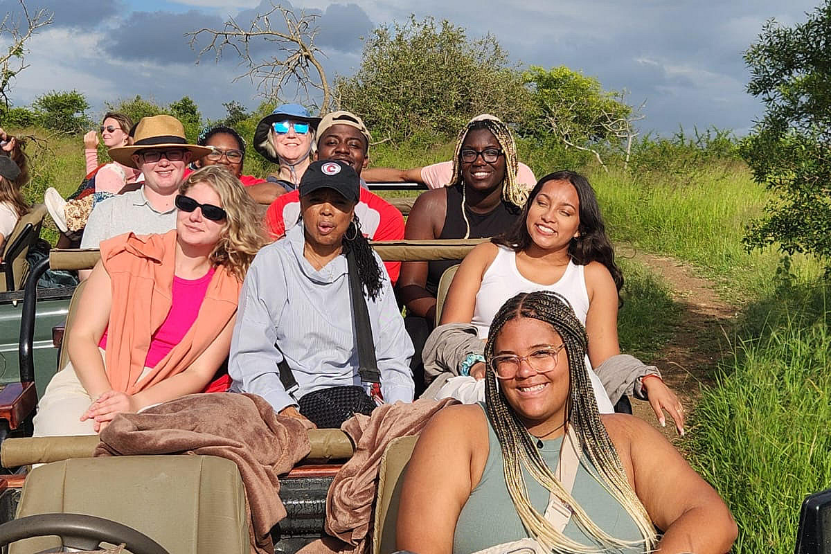 Students and professors on a safari trip.