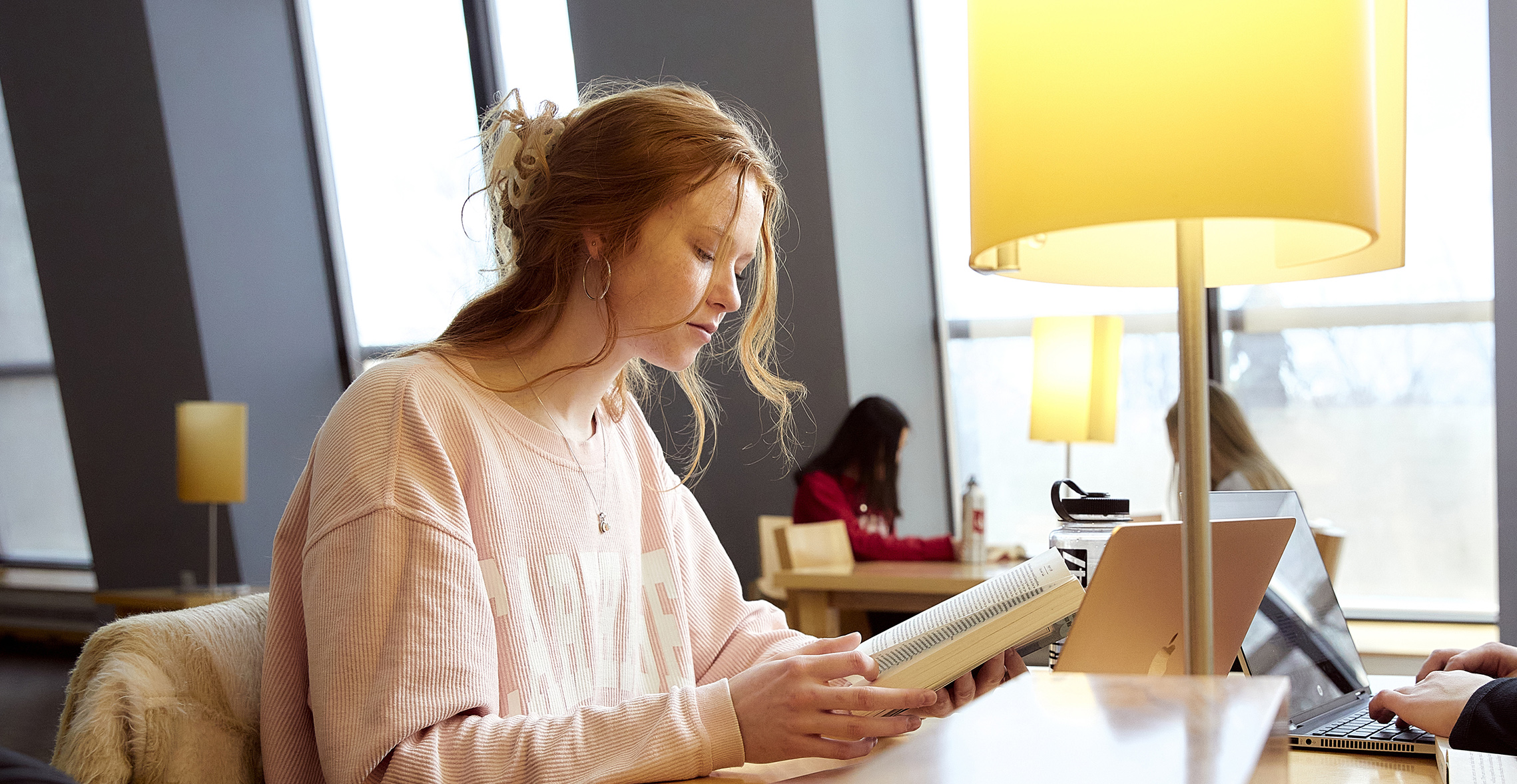 A student reads in Hedberg Library. 